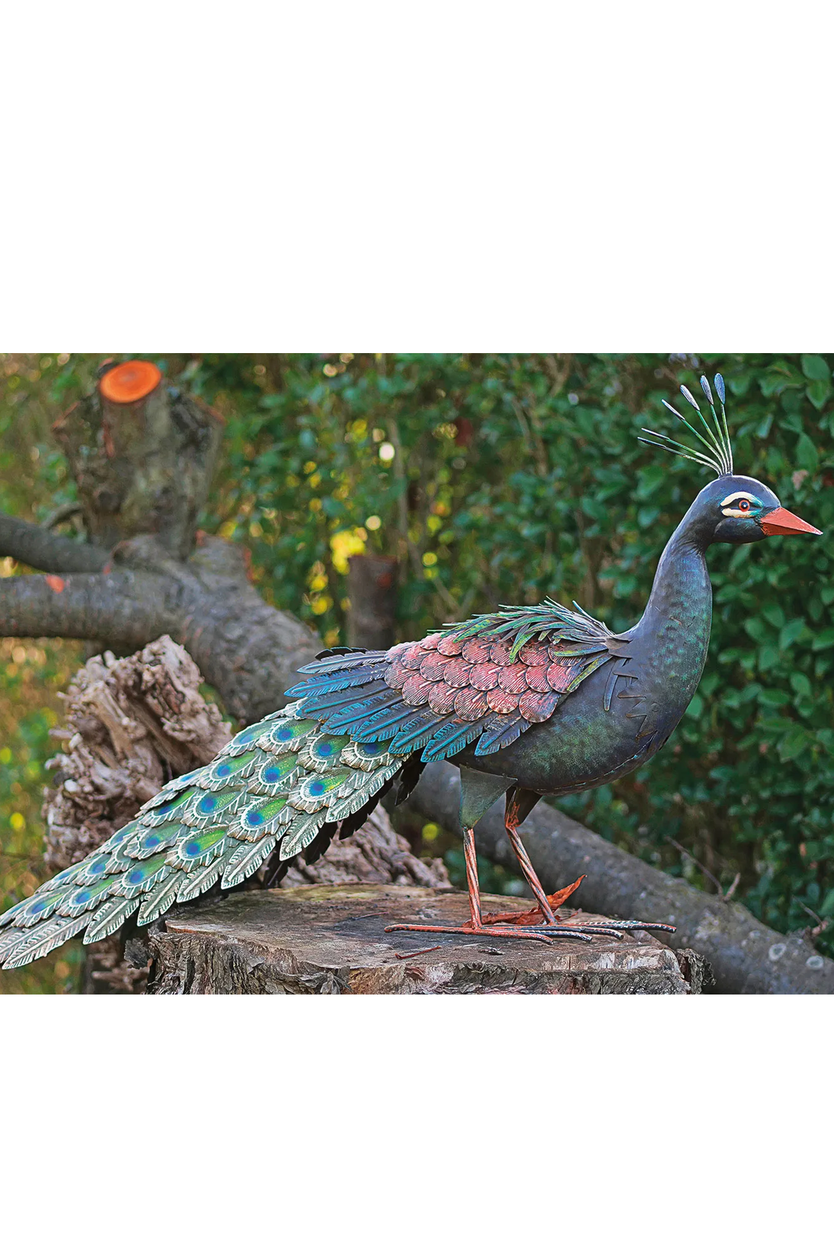 Eine Pfauenskulptur aus Metall mit bunt bemalten Federn steht auf einem Baumstumpf in einem Garten im Freien.