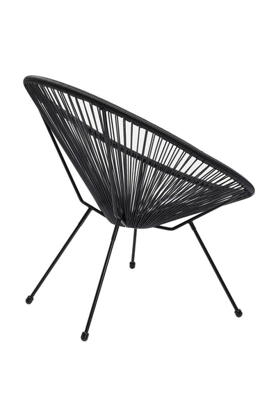 Schwarzer Stuhl mit Drahtgestell, runder Sitzfläche und drei abgewinkelten Beinen in modernem, minimalistischem Design.