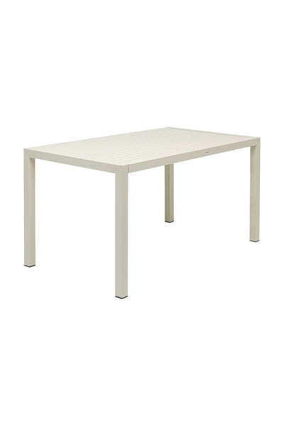 Ein rechteckiger, weißer, moderner Esstisch mit einer Lattenplatte und vier geraden Beinen, abgebildet auf einem weißen Hintergrund.