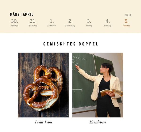 Links zwei Brezeln, rechts eine Frau, die mit einem Notizbuch auf Matheaufgaben an einer Tafel hinweist.