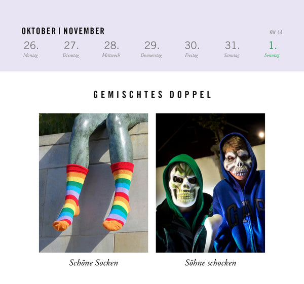 Eine Statue mit Regenbogensocken; zwei Menschen mit Totenkopfmasken und Kapuzenpullis bei Nacht.