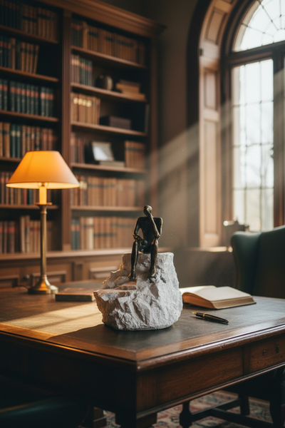 Eine Bronzeskulptur einer sitzenden Figur auf einem Felsen steht auf einem hölzernen Schreibtisch in einer Bibliothek mit Bücherregalen, einer Lampe und einem gewölbten Fenster im Hintergrund.