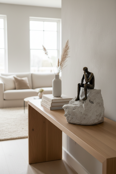 Ein minimalistisches Wohnzimmer mit einem hölzernen Konsolentisch, auf dem Bücher, eine Vase mit getrocknetem Gras und eine Skulptur einer sitzenden Figur stehen. Im Hintergrund stehen ein beiges Sofa und große Fenster.