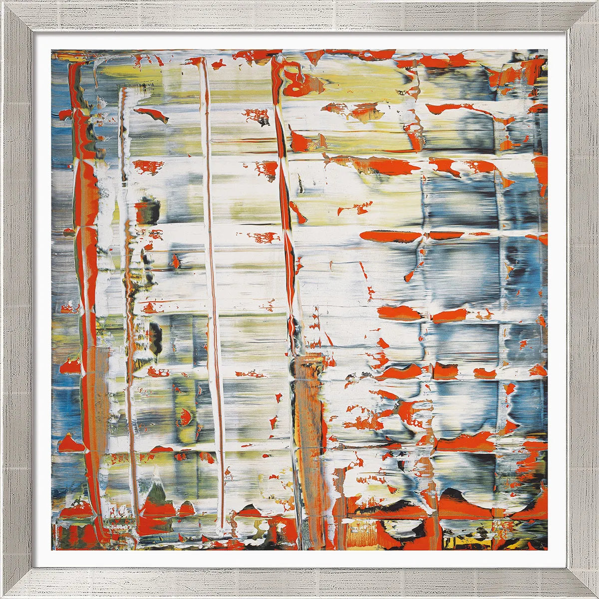Abstraktes Gemälde mit vertikalen orangefarbenen, weißen, blauen und gelben Streifen, gerahmt in einem hellen Rahmen.