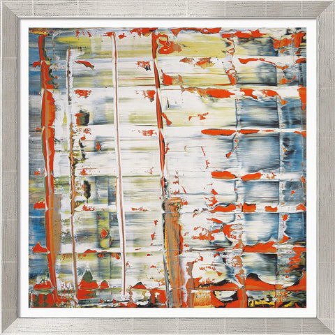 Abstraktes Gemälde mit vertikalen orangefarbenen, weißen, blauen und gelben Streifen, gerahmt in einem hellen Rahmen.