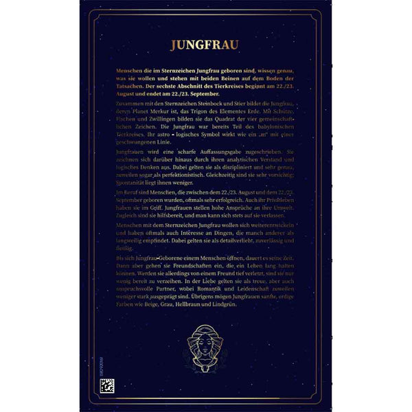 Text in deutscher Sprache über das Sternzeichen Jungfrau mit Goldrand und dekorativen Elementen.