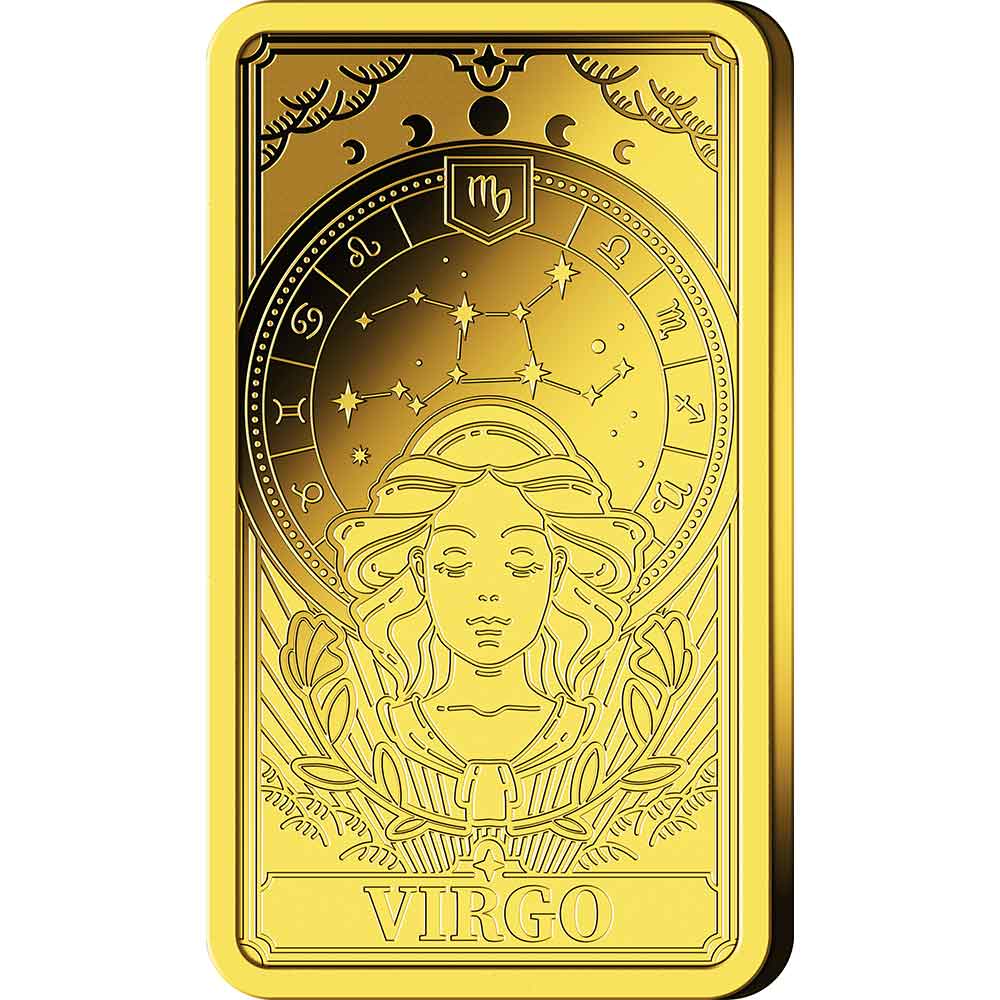 Goldkarte mit Sternzeichen der Jungfrau, Sternbild und dem Gesicht einer Frau, umgeben von himmlischen Symbolen.
