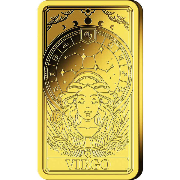 Goldkarte mit Sternzeichen der Jungfrau, Sternbild und dem Gesicht einer Frau, umgeben von himmlischen Symbolen.