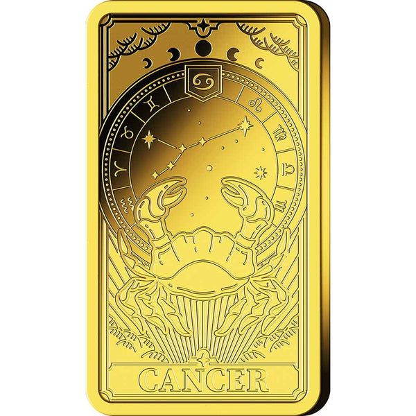 Goldene Karte mit Krebs-Sternzeichen, Krebs-Illustration, Konstellation und astrologischen Symbolen oben.