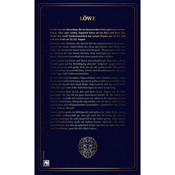Ein deutscher Text über das Sternzeichen Löwe, mit einer Löwenillustration am unteren Rand auf dunkelblauem Hintergrund.