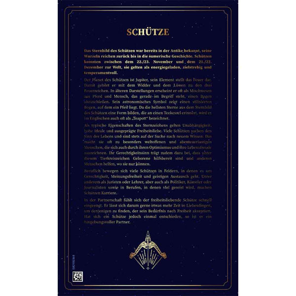 Dunkelblau-goldene Karte mit deutschem Text über das Sternzeichen Schütze, mit einem stilisierten Pfeilsymbol.
