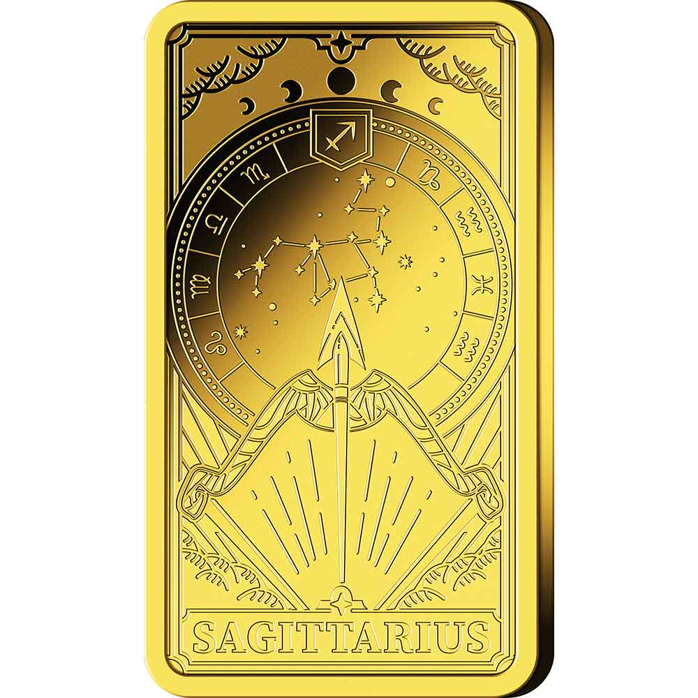Goldkarte mit Schütze-Bogen, Pfeil, Sternbild, Tierkreisrad und dem Wort Schütze am unteren Rand.