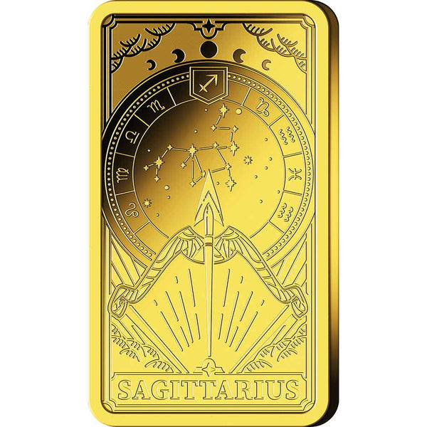 Goldkarte mit Schütze-Bogen, Pfeil, Sternbild, Tierkreisrad und dem Wort Schütze am unteren Rand.