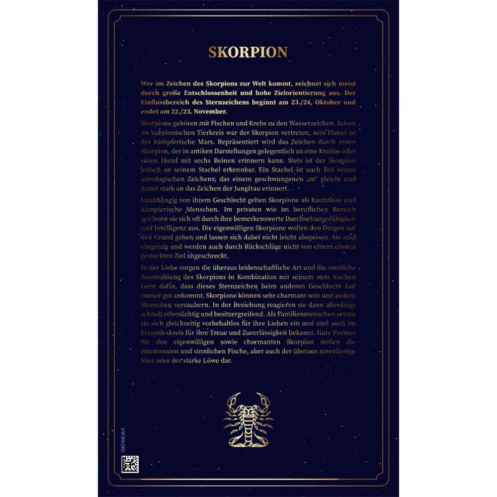 Ein deutscher Text über das Tierkreiszeichen Skorpion auf einem dunkelblauen, dekorativen Hintergrund mit goldenen Akzenten.