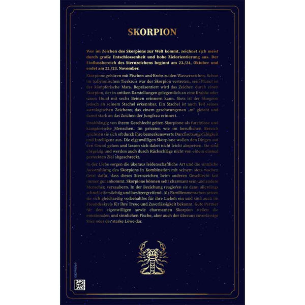 Ein deutscher Text über das Tierkreiszeichen Skorpion auf einem dunkelblauen, dekorativen Hintergrund mit goldenen Akzenten.