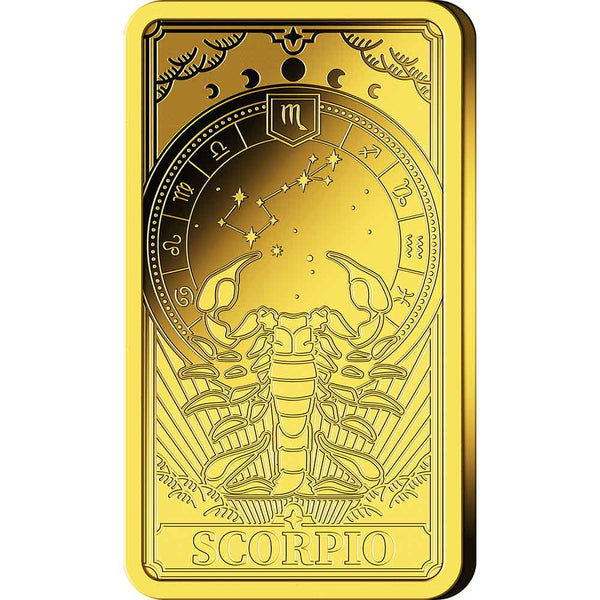 Goldkarte mit einem Skorpion, Tierkreiszeichen, Sternen und Skorpion am unteren Rand.