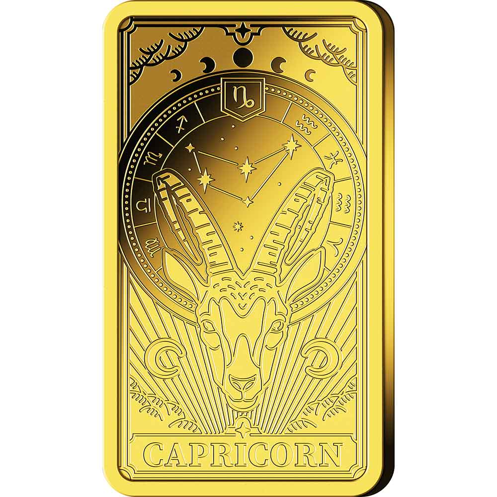 Goldenes Rechteck mit einer Steinbock-Ziege, Tierkreiszeichen und dem Wort Capricorn am unteren Rand.