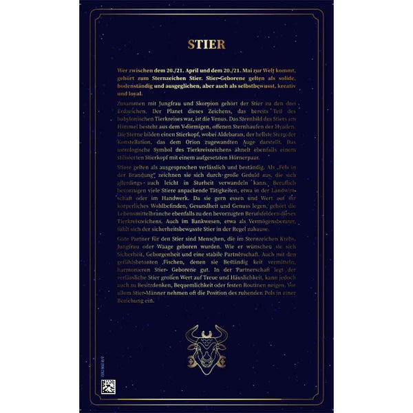 Dunkelblau-goldenes Informationsplakat, das das Tierkreiszeichen Stier in deutscher Sprache beschreibt.