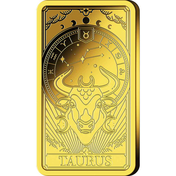 Goldbarren mit Stier-Sternzeichen, Stier-Illustration, Sternbild und Text TAURUS am unteren Rand.