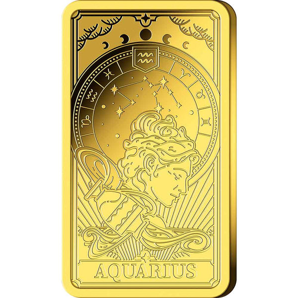 Goldbarren mit eingraviertem Wassermann-Sternzeichen, einschließlich einer Figur, einem Sternbild und astrologischen Symbolen.