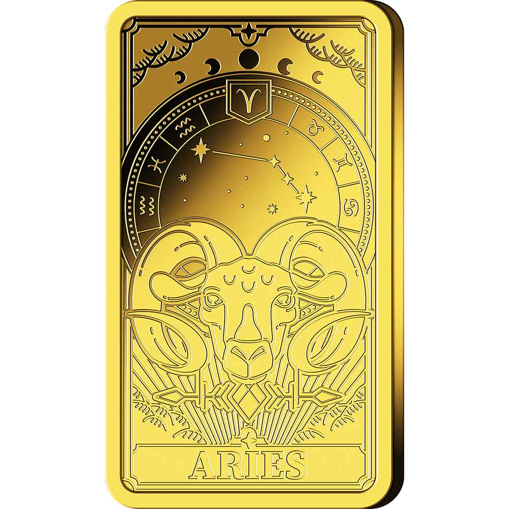 Goldene Karte mit einem Widder, Tierkreiszeichen, Sternbildern und dem Wort Widder am unteren Rand.
