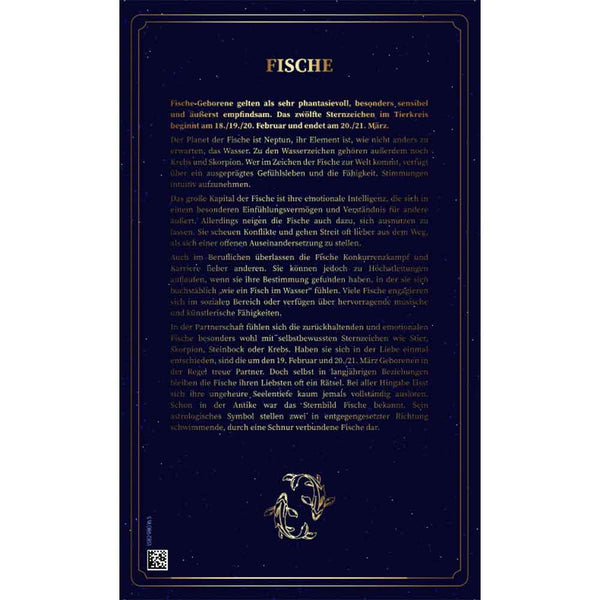 Eine dunkelblaue Seite mit goldenem Text in Deutsch über das Tierkreiszeichen Fische, mit Fisch-Illustrationen.