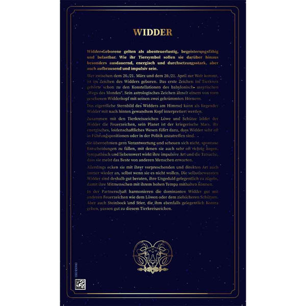 Dunkelblaue Karte mit goldener Umrandung und deutschem Text über das Tierkreiszeichen Widder in der Mitte.