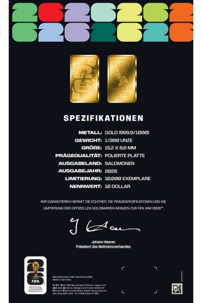 Eine Spezifikationskarte mit Angaben zu zwei Gold-Gedenkbarren für die FIFA, einschließlich Informationen zu Metall, Gewicht, Größe, Qualität, Ausgabeland, Jahr, Prägung und Nennwert.
