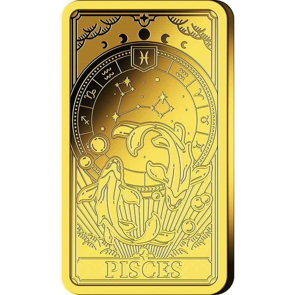 Goldfarbene Karte mit Fisch-Symbol, Sternbild, zwei Fischen, Tierkreiszeichen und dem Text PISCES am unteren Rand.
