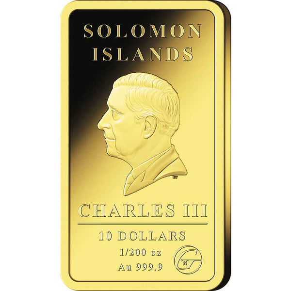 Goldbarren mit dem Profil von Karl III., bezeichnet Solomon Islands, 10 Dollar, 1/200 Unze, Au 999.9.