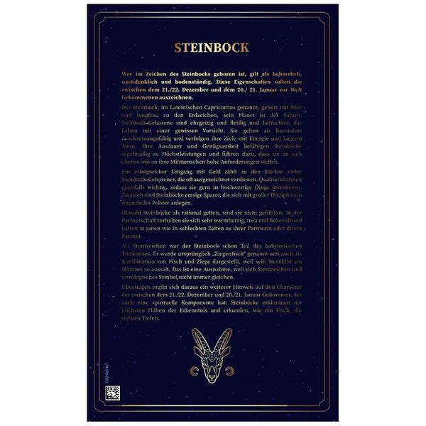 Dunkelblaues Plakat mit goldenen Rändern, deutschem Steinbock-Text und einem goldenen Steinbock-Symbol am unteren Rand.