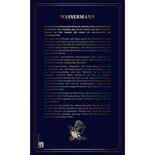 Blaues Poster mit deutschem Text über das Tierkreiszeichen Wassermann, mit dekorativen Bordüren und goldenen Akzenten.