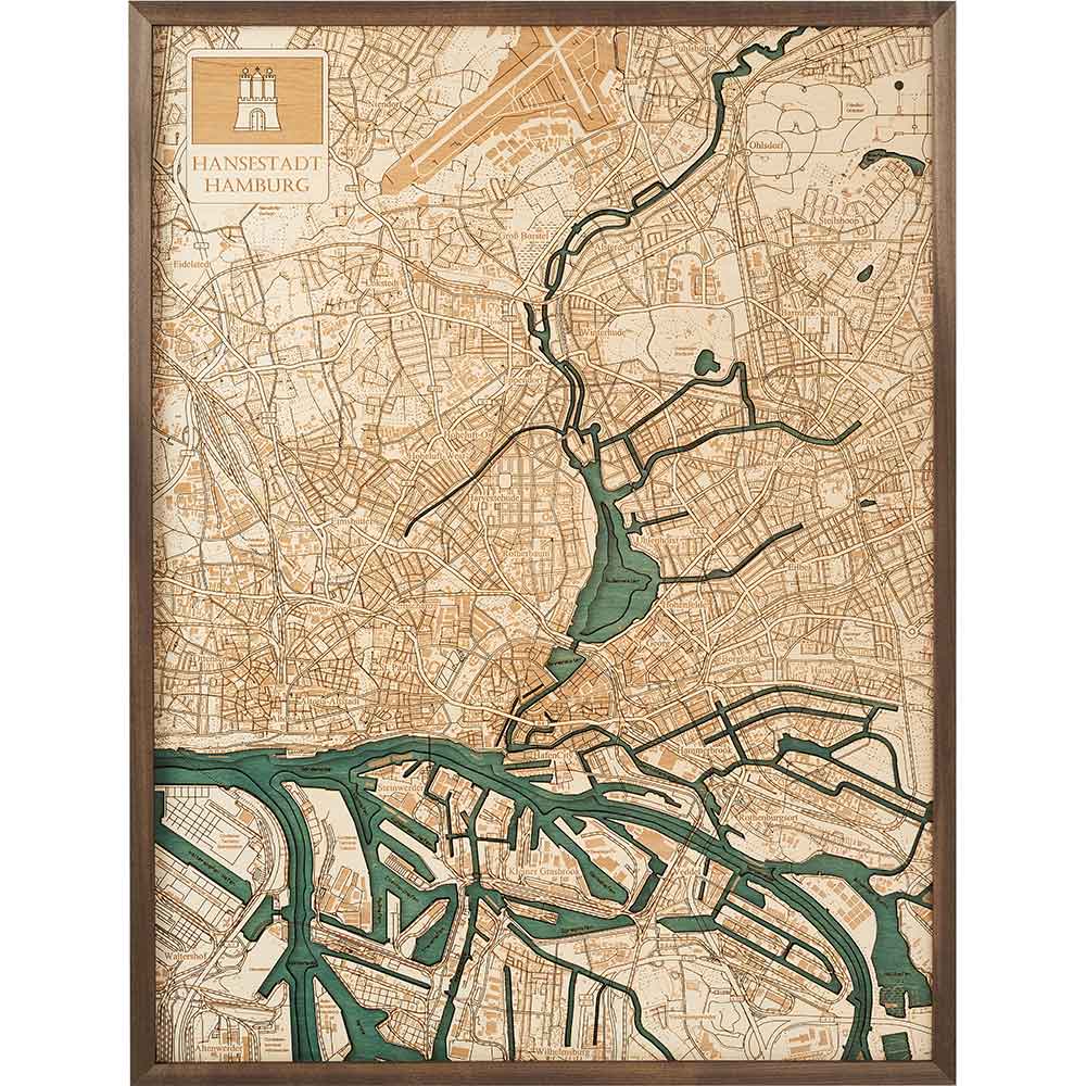Gerahmte illustrierte Karte von Hamburg, Deutschland, mit Straßen, Wasserwegen und Stadtteilen in Beige- und Grüntönen und einem beschrifteten Titel in der oberen linken Ecke.
