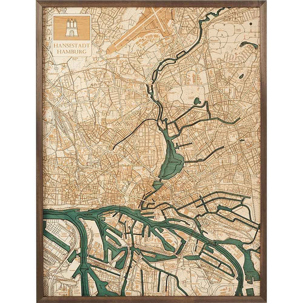 Gerahmte illustrierte Karte von Hamburg, Deutschland, mit Straßen, Wasserwegen und Stadtteilen in Beige- und Grüntönen und einem beschrifteten Titel in der oberen linken Ecke.