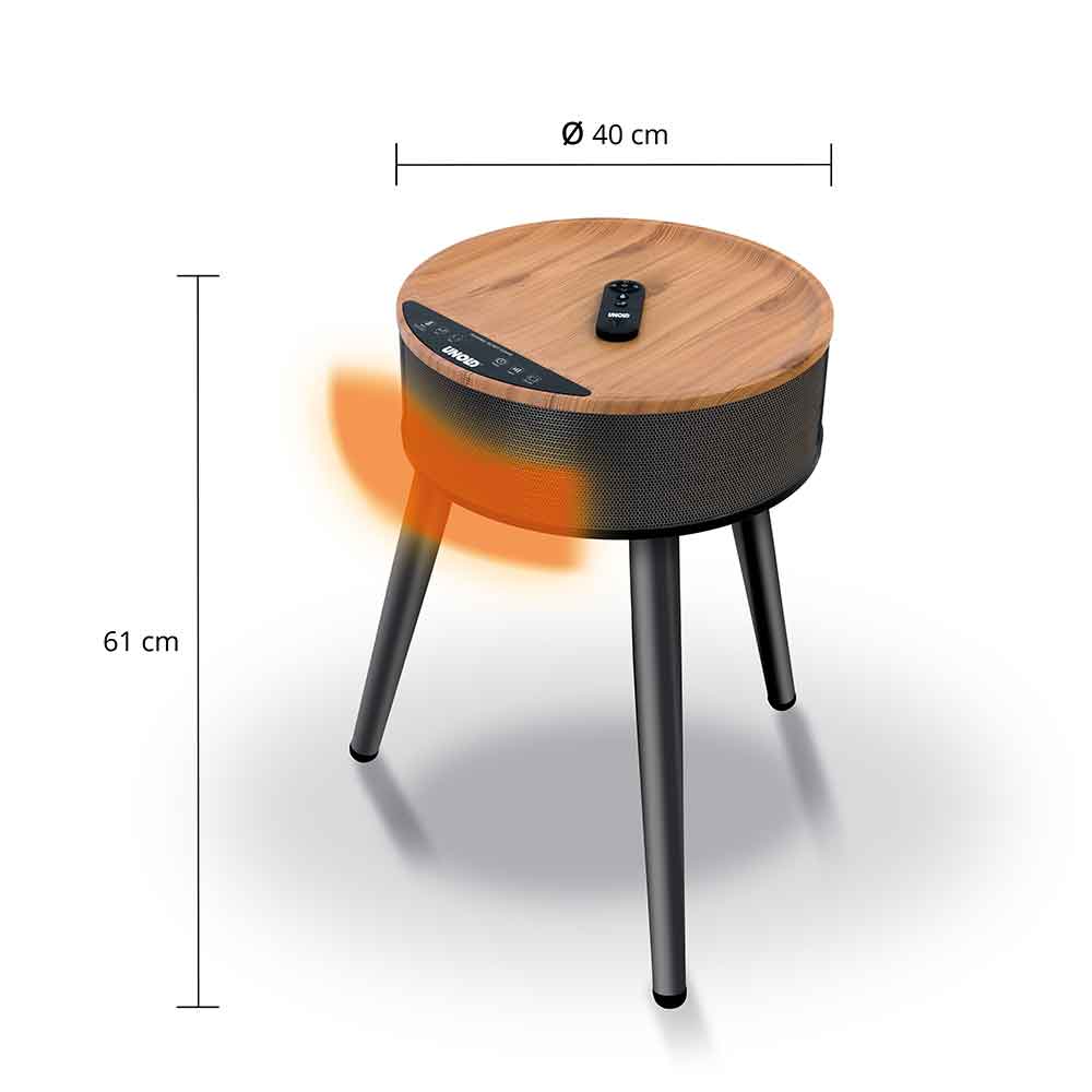 Runder Beistelltisch mit Heizung, schwarze Beine, Holzplatte, Fernbedienung, 40 cm breit und 61 cm hoch, orangefarbener Wärmeeffekt abgebildet.