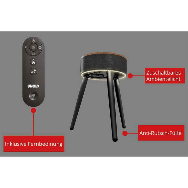 Fernbedienung und ein kleiner runder Tisch mit LED-Licht, gekennzeichnete Merkmale: Fernbedienung, Umgebungslicht, Anti-Rutsch-Füße.