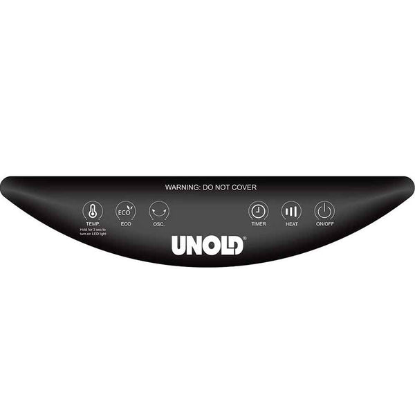 Schwarzes Unold-Bedienfeld mit Symbolen für Temperatur, Eco, Oszillation, Timer, Heizung und Ein/Aus-Funktionen.