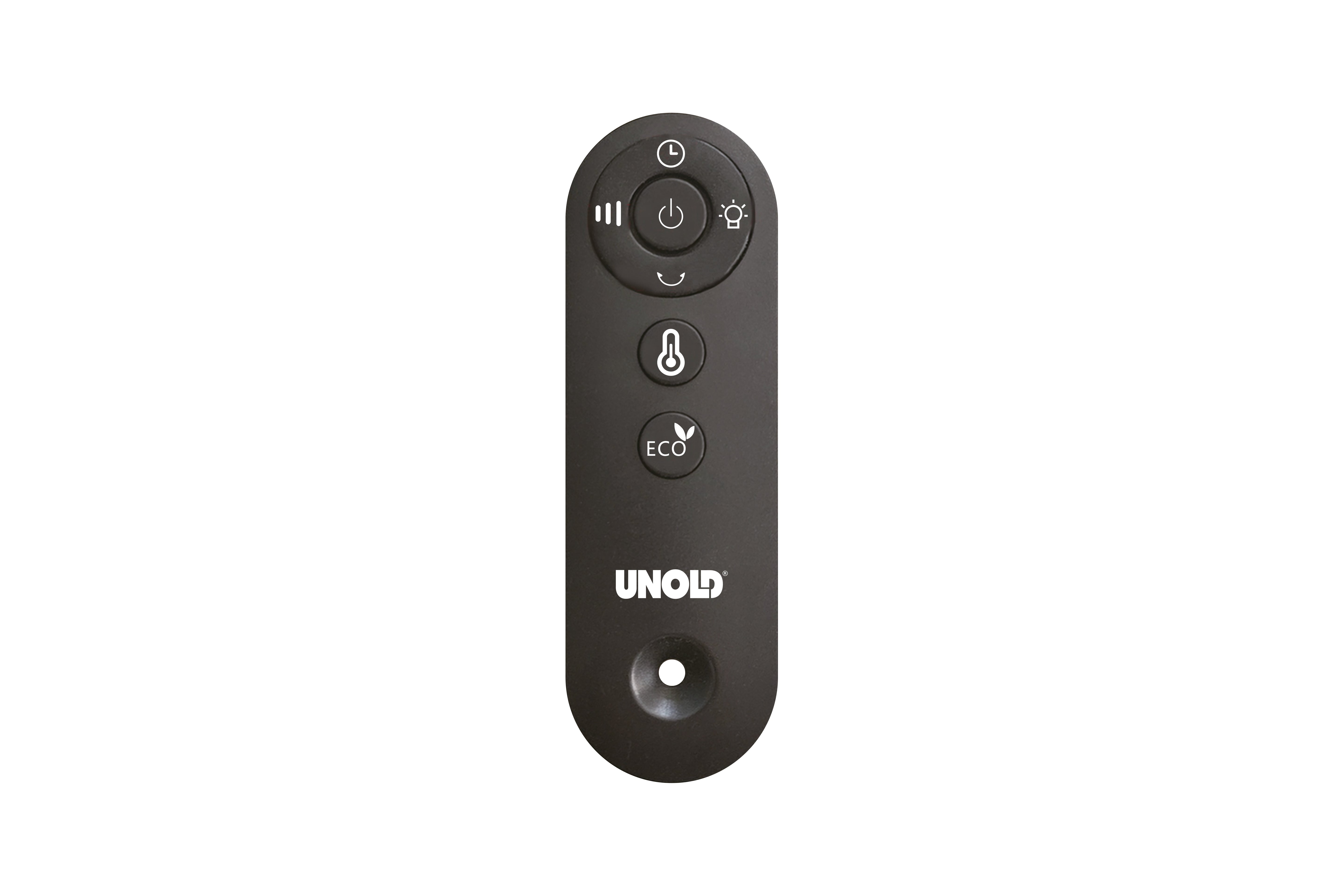 Schwarze UNOLD-Fernbedienung mit Tasten für Strom, Licht, Temperatur und Eco-Modus, von oben gesehen auf weißem Hintergrund.