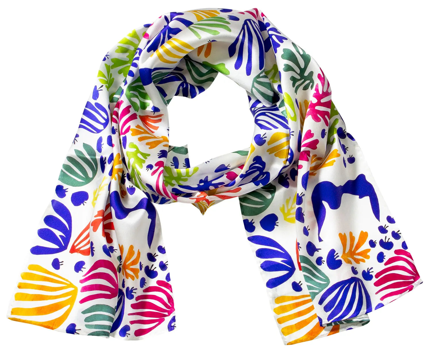 Bunt gemusterter Schal mit abstrakten Blatt- und Muschelmotiven auf weißem Hintergrund.