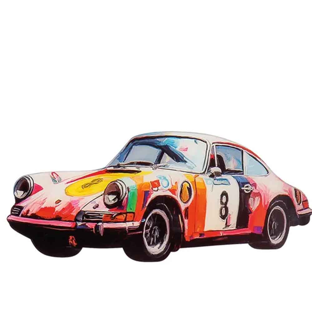 Bunte künstlerische Illustration eines alten Rennwagens mit der Nummer 8 auf der Tür, auf einem weißen Hintergrund.