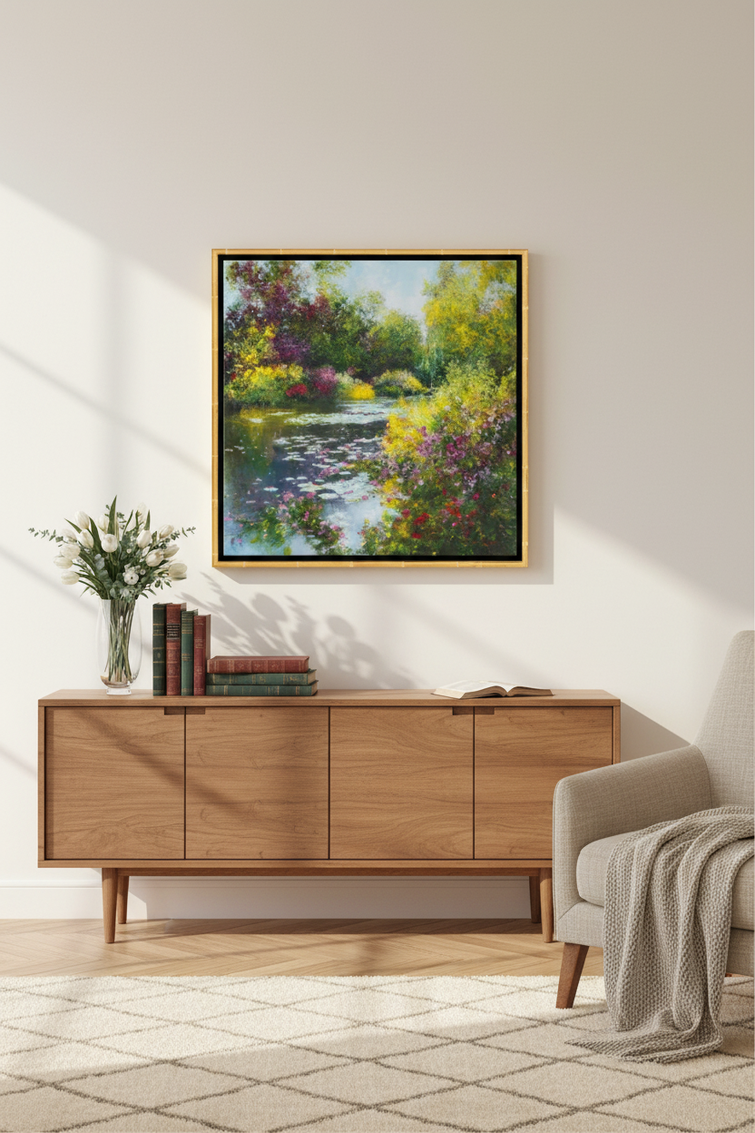 Ein hölzernes Sideboard mit Büchern und einer Blumenvase steht unter einem an der Wand befestigten Landschaftsgemälde in einem sonnenbeschienenen, modernen Wohnzimmer mit einem beigen Sessel und einer Überwurfdecke.