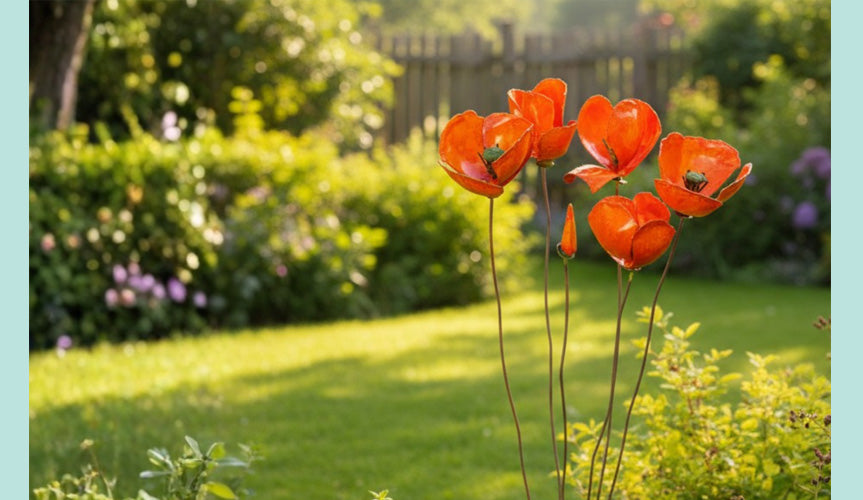 Gartenstecker mit orangen Mohnblüten in einem grünen Garten