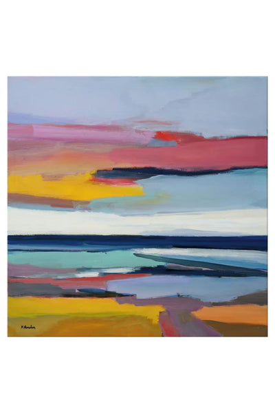 Abstraktes Gemälde mit horizontalen Bändern in leuchtenden Farben wie Gelb, Rosa, Blau und Violett, das an eine stilisierte Landschaft oder Meereslandschaft unter einem bunten Himmel erinnert.