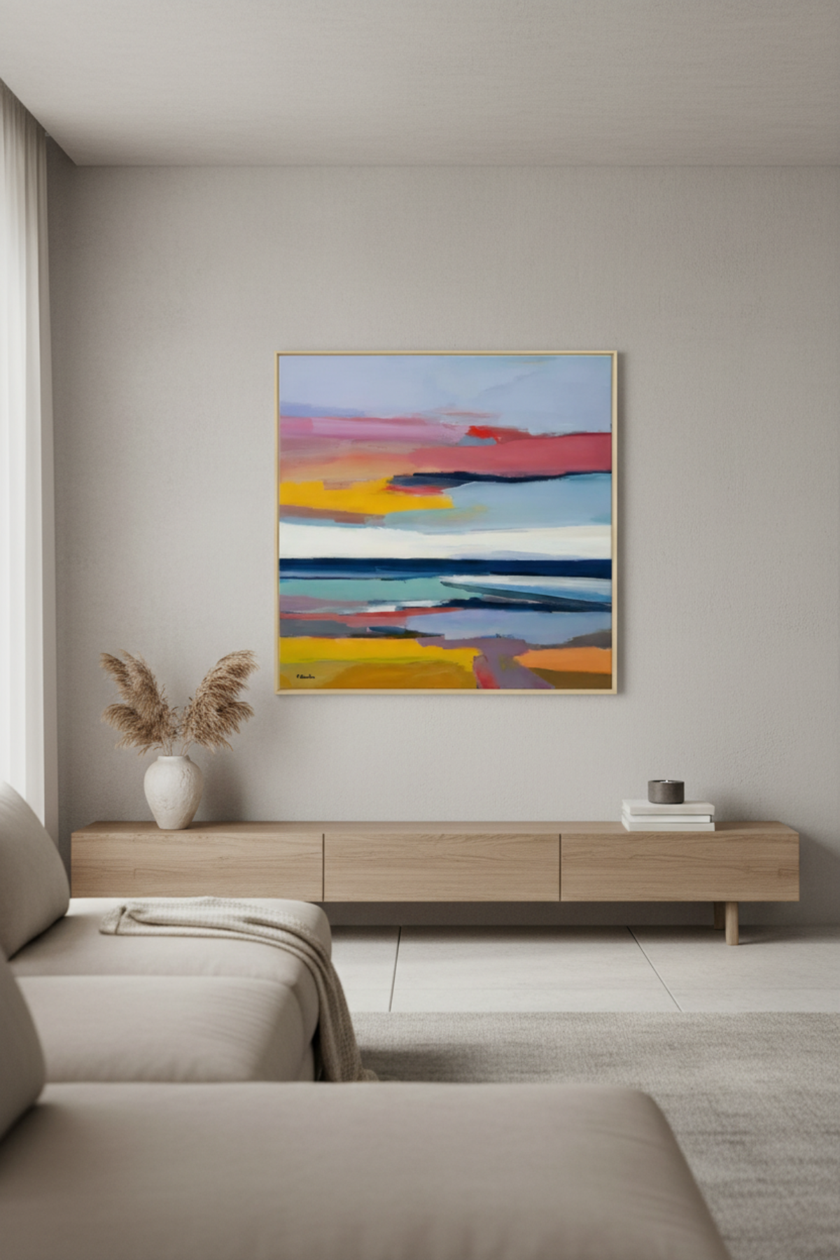 Minimalistisches Wohnzimmer mit einer hellen Holzkonsole, einem beigen Sofa, getrocknetem Pampasgras in einer Vase und einem bunten abstrakten Gemälde an einer neutralen Wand.