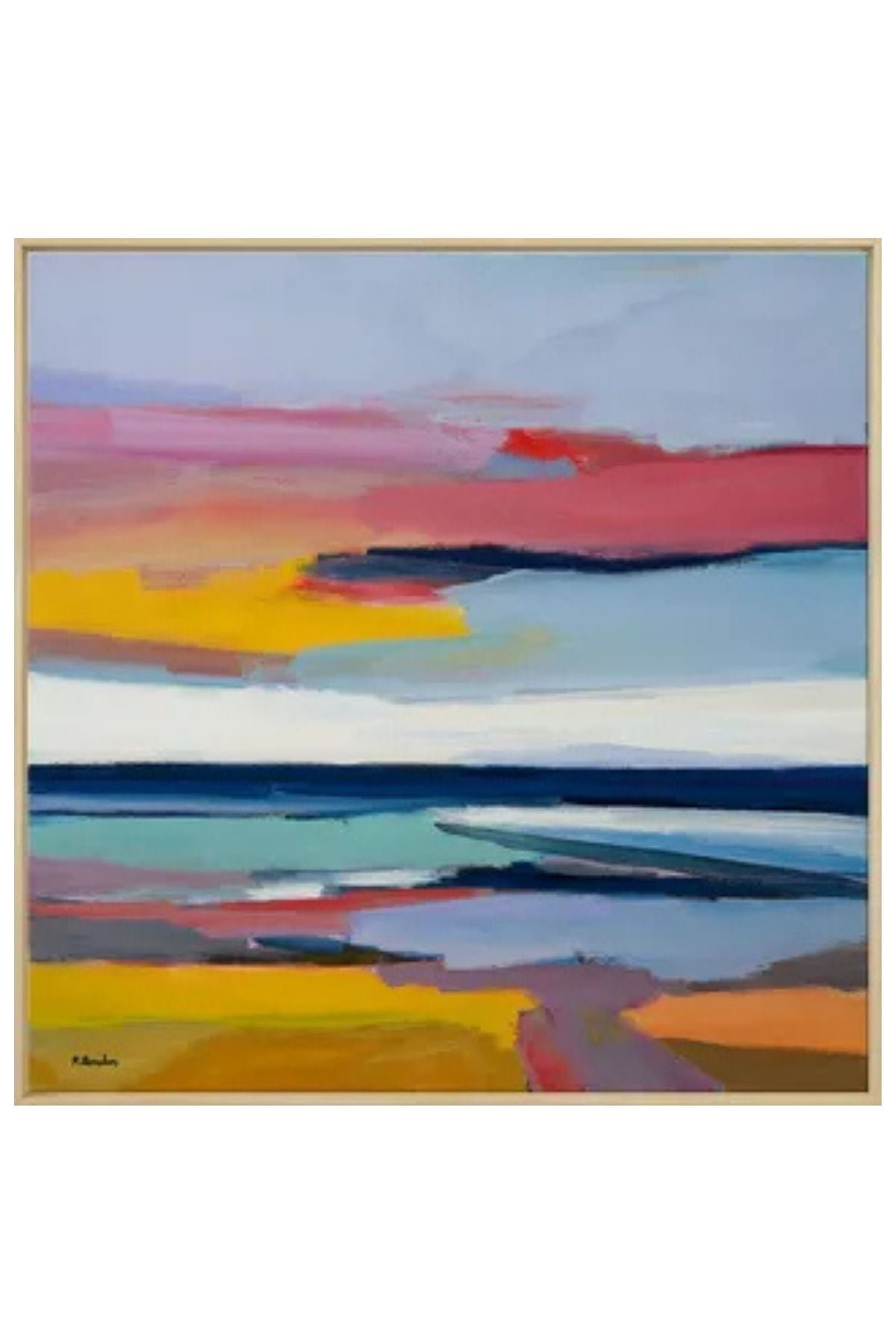 Abstraktes Gemälde mit horizontalen Bändern in leuchtenden Farben wie Gelb, Rosa, Blau und Violett, das an eine Landschaft oder Meereslandschaft bei Sonnenuntergang erinnert.
