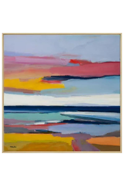 Abstraktes Gemälde mit horizontalen Bändern in leuchtenden Farben wie Gelb, Rosa, Blau und Violett, das an eine Landschaft oder Meereslandschaft bei Sonnenuntergang erinnert.