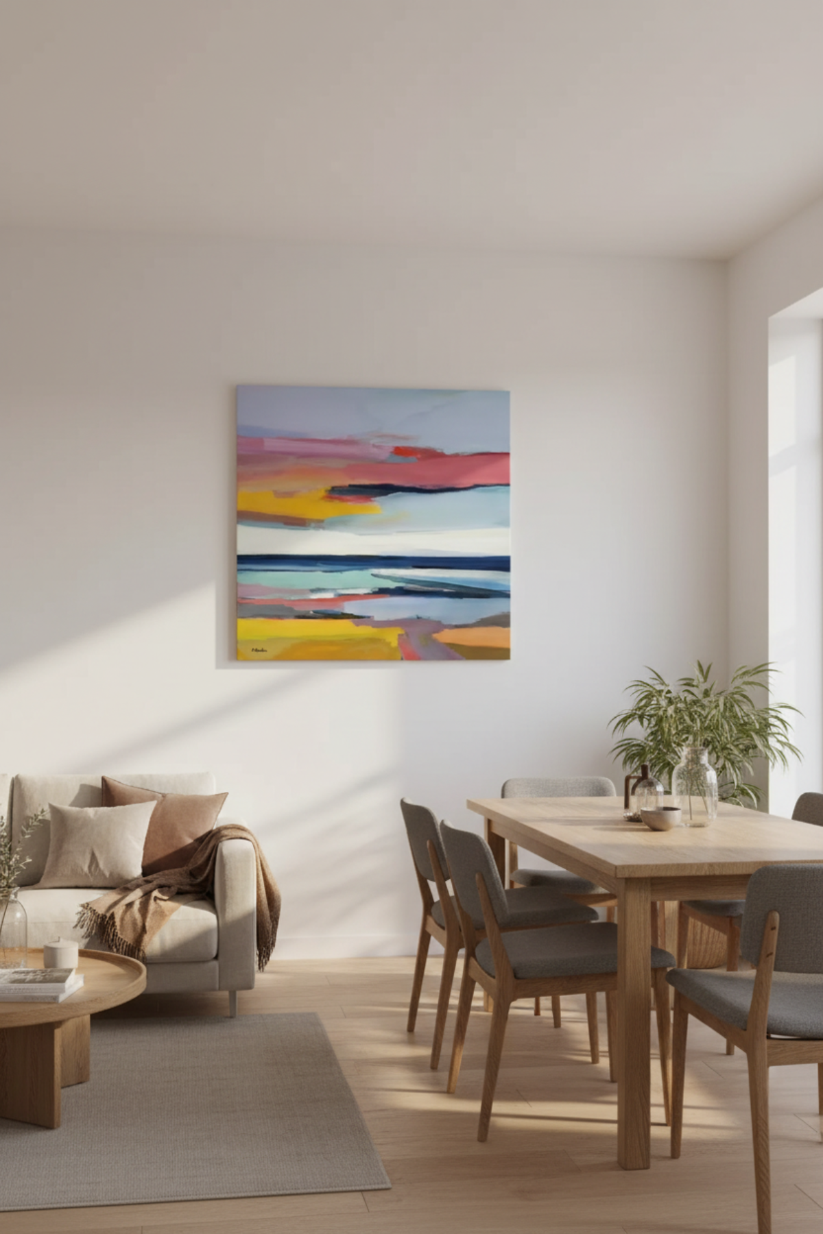 Ein moderner Wohn- und Essbereich mit einem Holztisch, grauen Stühlen, einem beigen Sofa, Topfpflanzen und einem bunten abstrakten Gemälde an der Wand.