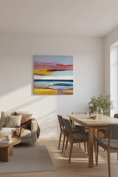 Ein moderner Wohn- und Essbereich mit einem Holztisch, grauen Stühlen, einem beigen Sofa, Topfpflanzen und einem bunten abstrakten Gemälde an der Wand.