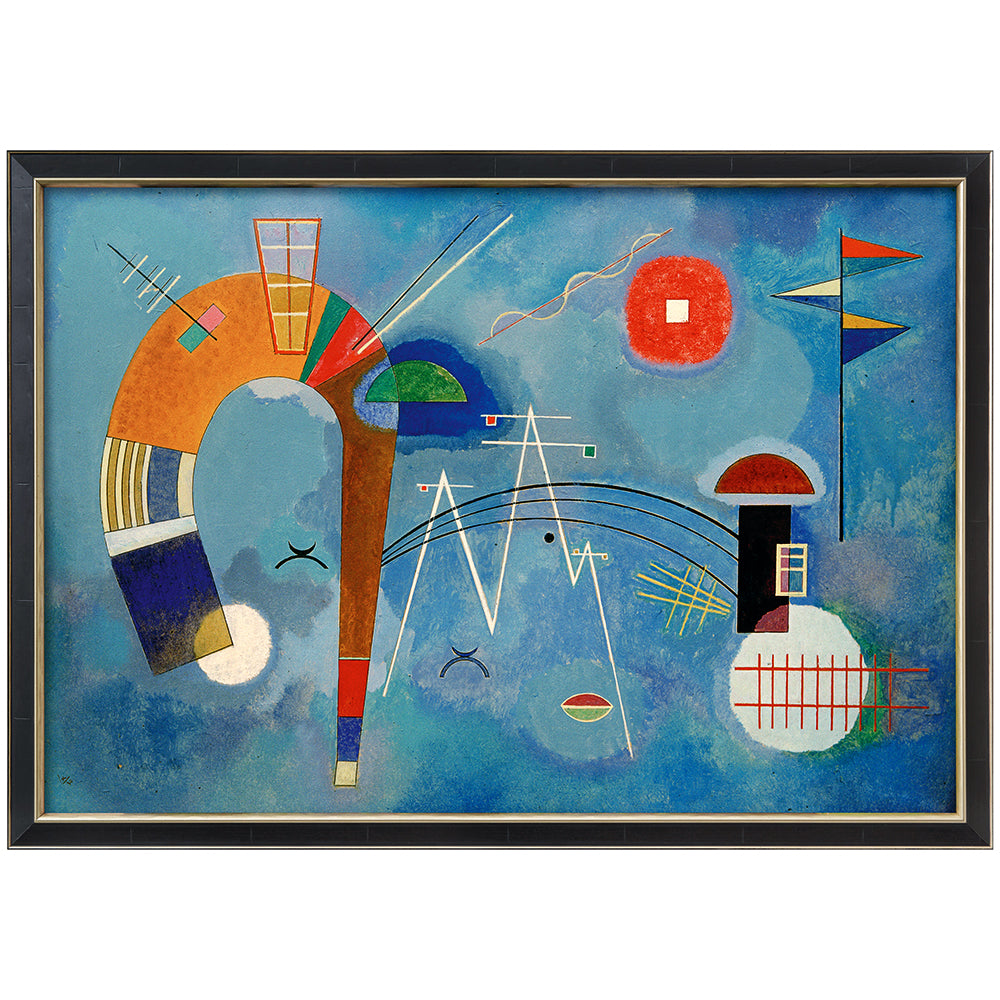 Wassily Kandinsky: Bild „Rund und Spitz“ (1930) – abstraktes Gemälde mit bunten geometrischen Formen und Linien auf blauem Hintergrund, schwarz gerahmt.