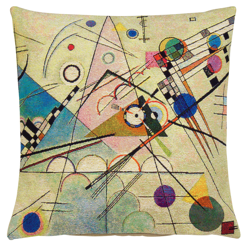 Set mit 3 Kissenbezügen, „Komposition VIII A–C“ von Wassily Kandinsky, mit farbenfrohen geometrischen Formen, Linien und Kreisen in einem von seiner Kunst inspirierten Stil.